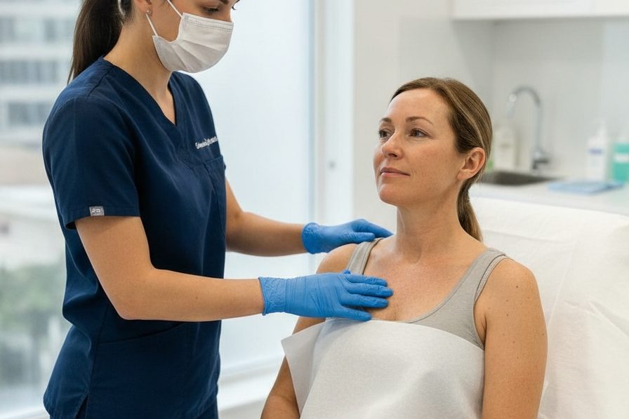 Surgeon consulting with a patient about breast reduction surgery in a clinical setting in London