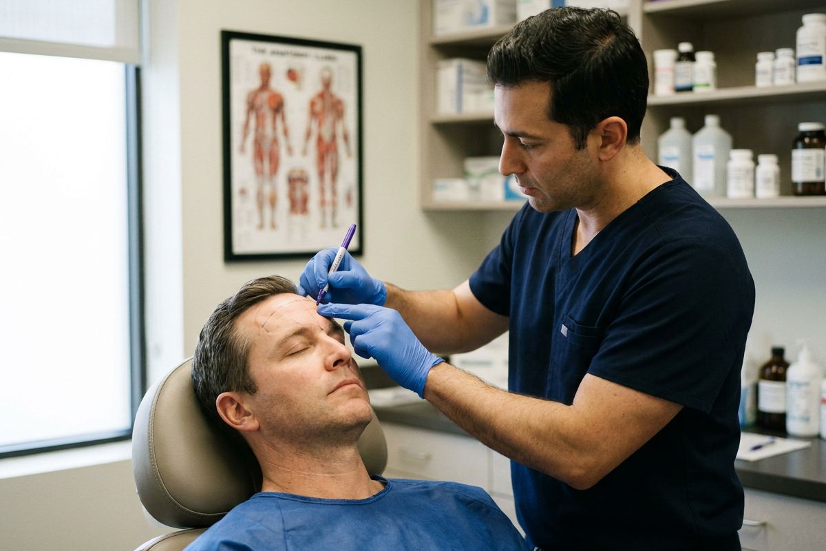 Clinician marking brow-lift planning lines at Kensington Cosmetic Clinic