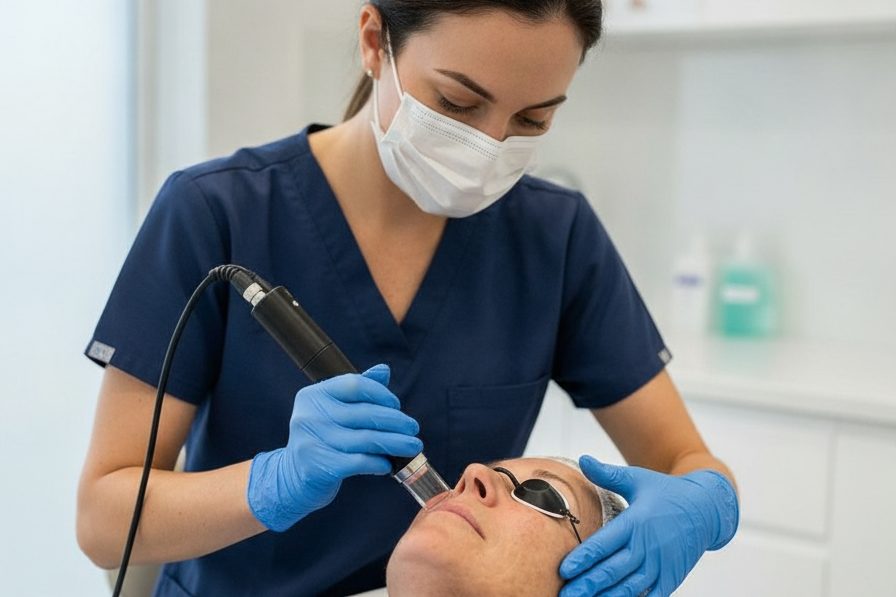 Doctor assessing submental fat on a patient at a cosmetic clinic in Kensington, London
