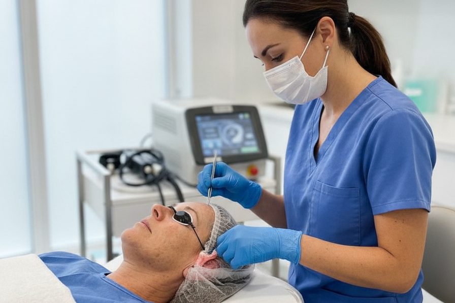 Close-up of a surgeon marking an earlobe prior to split earlobe repair surgery in a clinical setting