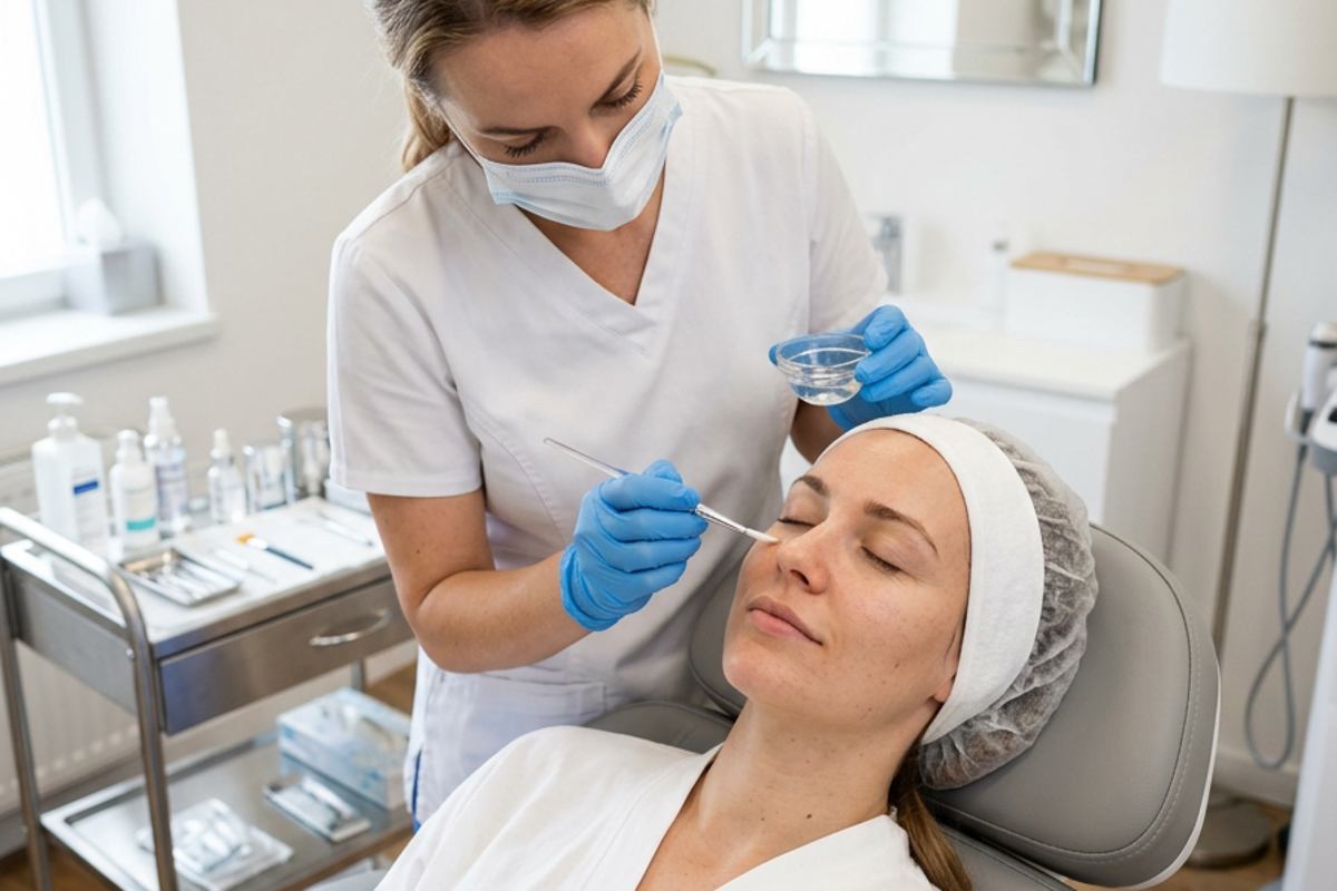 Clinician applying a medical-grade EnerPeel chemical peel at Kensington Cosmetic Clinic