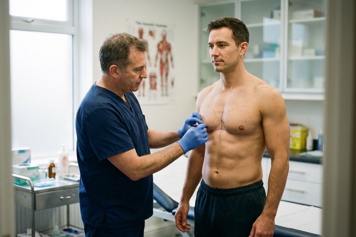 Surgeon planning male chest reduction (gynaecomastia) at Kensington Cosmetic Clinic