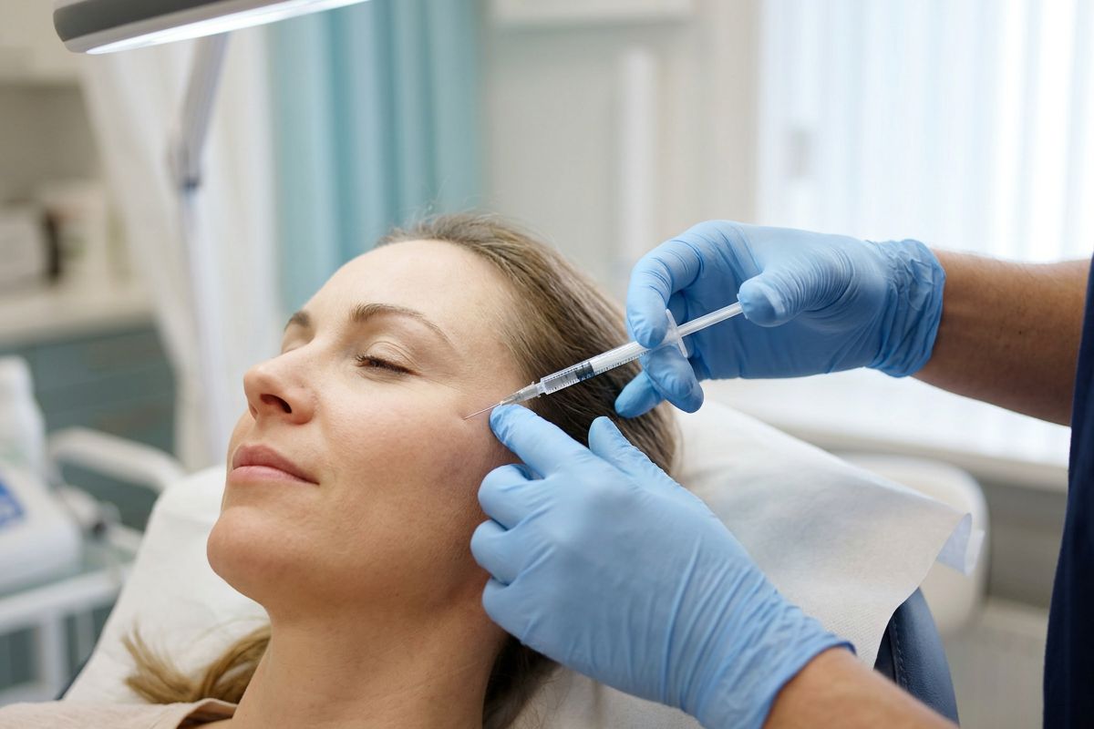 Clinician holding a fine syringe near a patient's cheek during a dermal filler treatment
