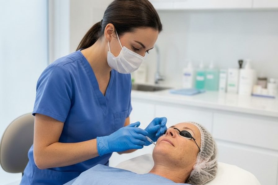 Close-up of a patient's lower face and jawline in a clinical consultation setting in Kensington London