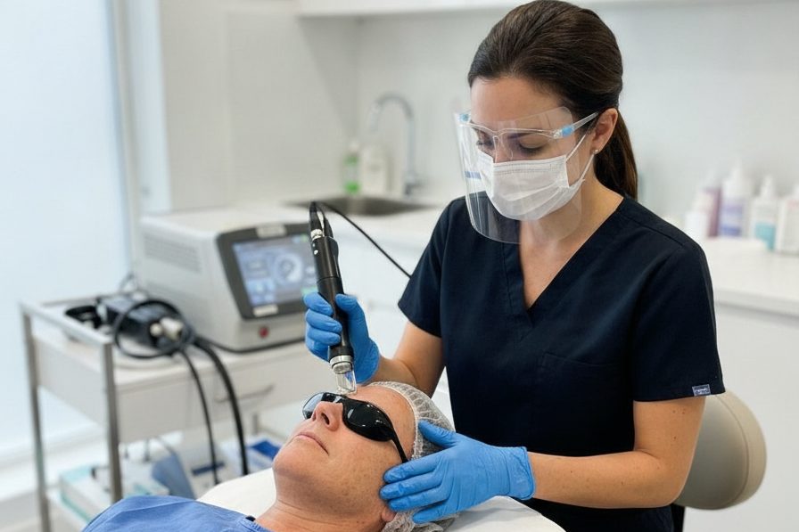 Close-up of a doctor examining a skin mole on a patient's back in a clinical setting in London