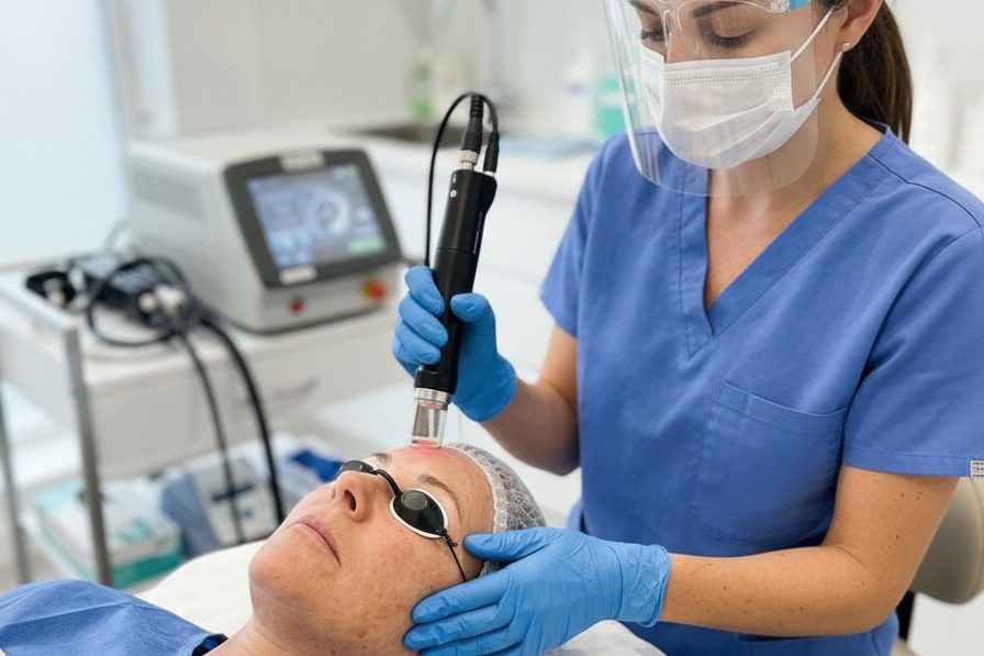 Close-up of a practitioner performing Morpheus8 RF microneedling treatment on a patient's jawline in a clinical setting in London