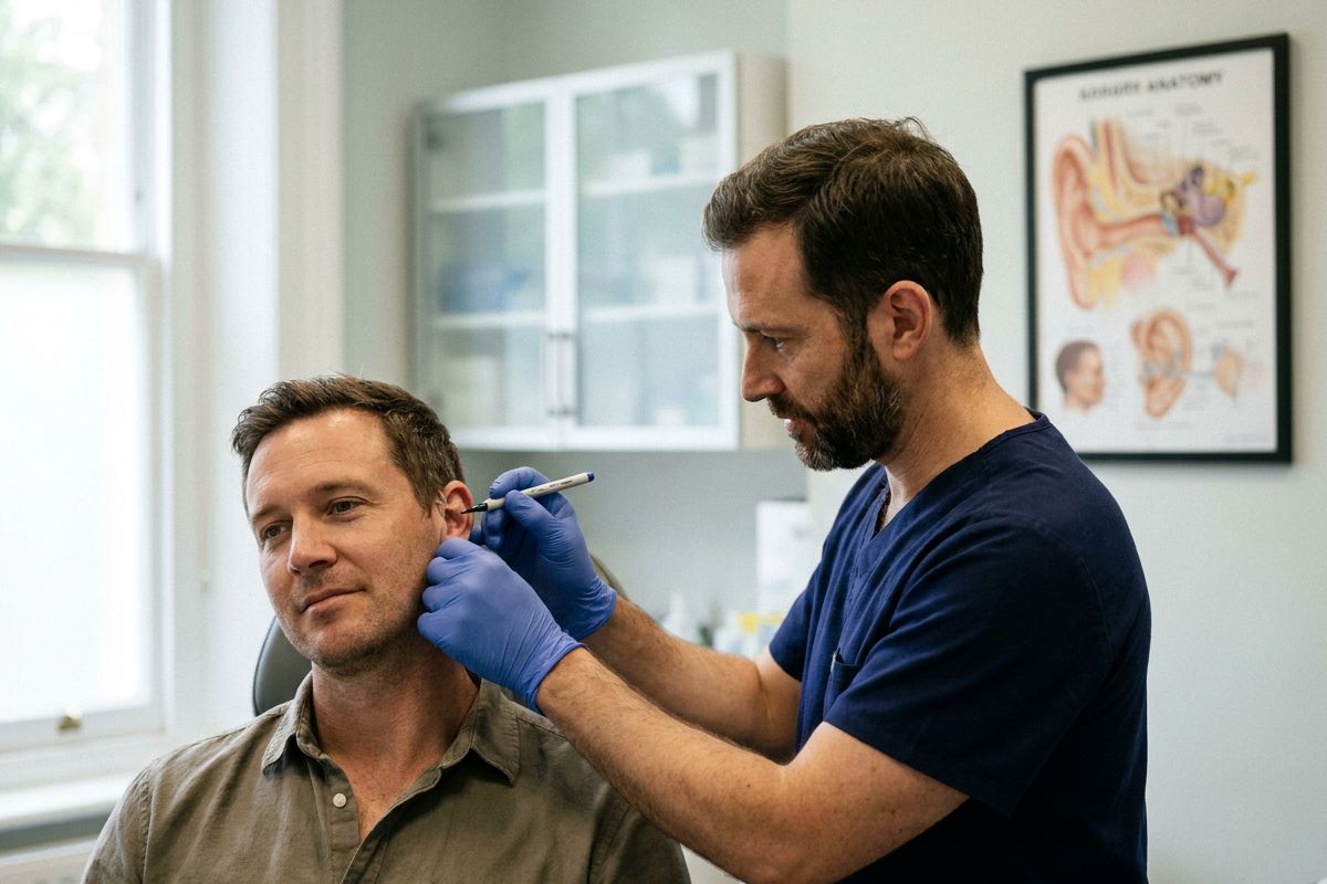 Surgeon marking the ear for otoplasty at Kensington Cosmetic Clinic