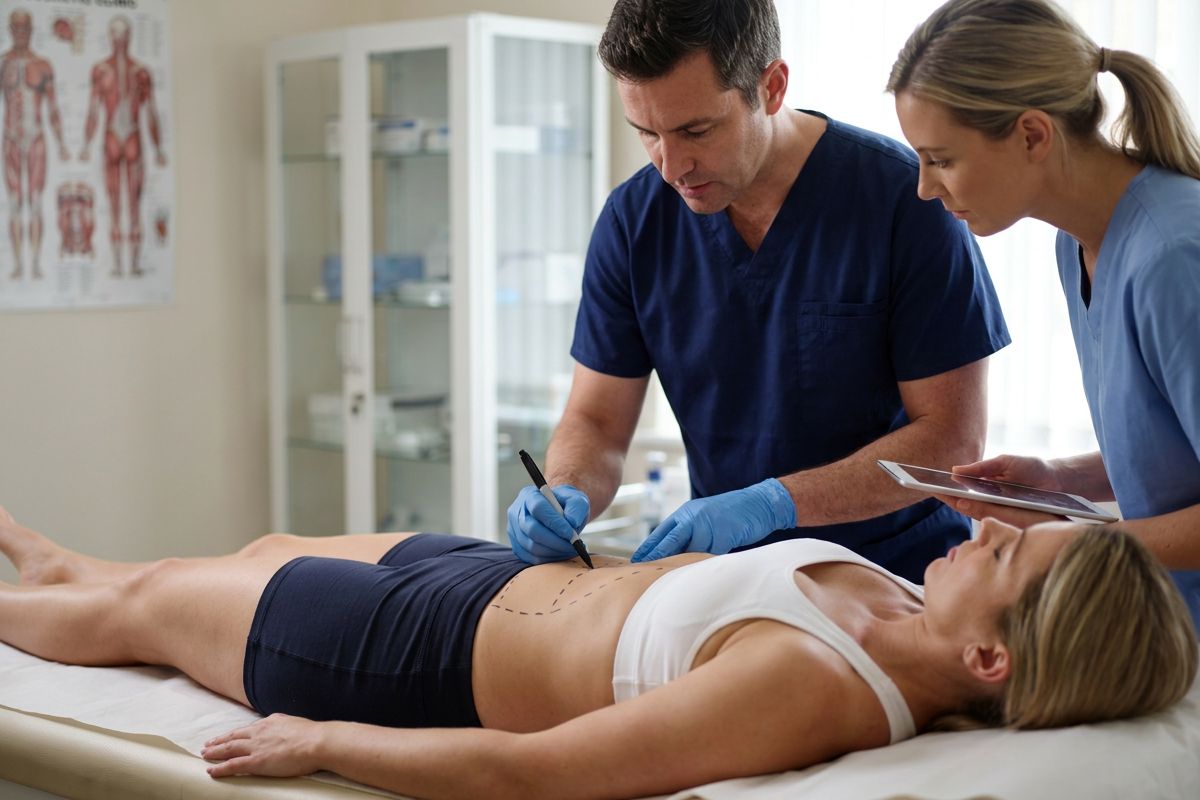 Surgeon planning a tummy tuck (abdominoplasty) at Kensington Cosmetic Clinic