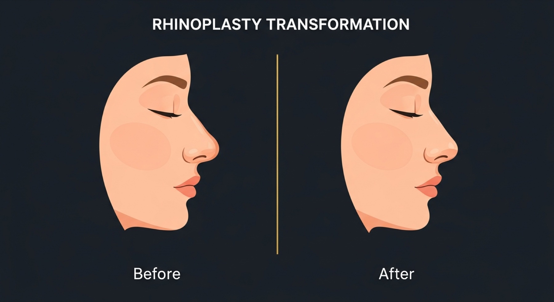 Three-panel medical illustration showing the rhinoplasty stages — before, surgical plan and after