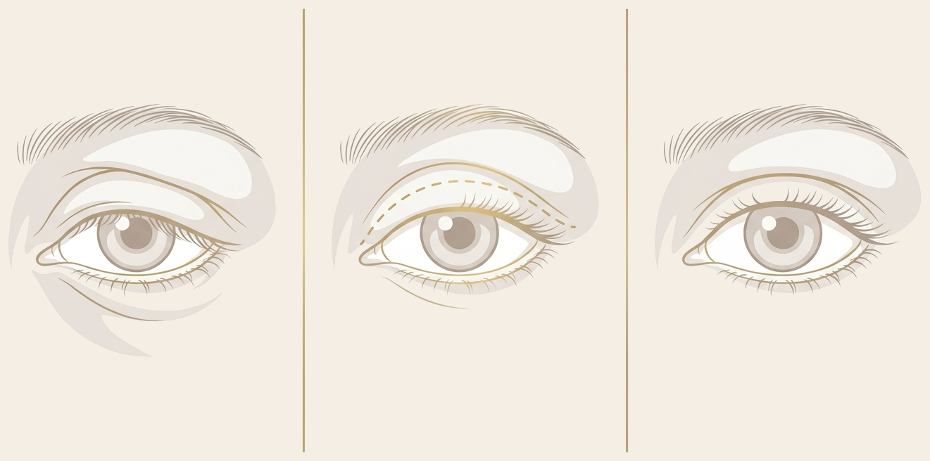 Three-panel medical illustration showing upper blepharoplasty stages, before, surgical plan and after