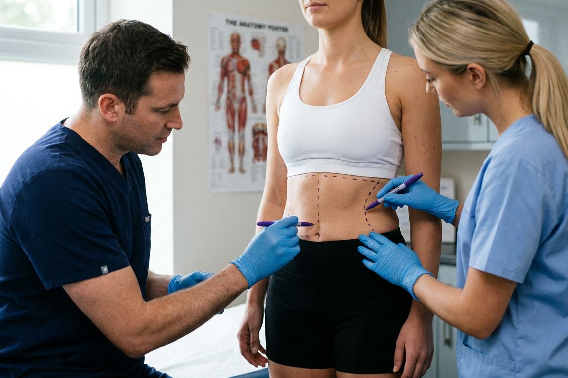 Surgeon drawing 360 liposuction planning lines around a patient's waist at Kensington Cosmetic Clinic