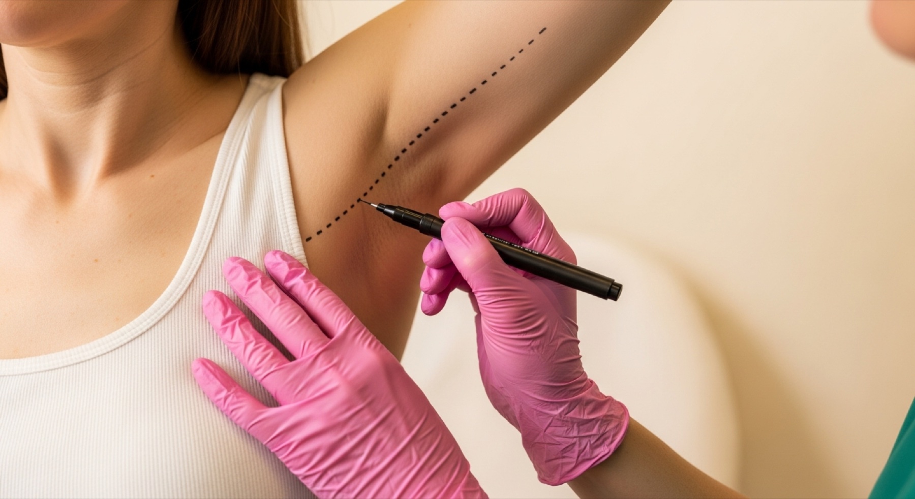 Surgeon drawing pre-operative arm lift planning lines on a patient's upper arm at Kensington Cosmetic Clinic