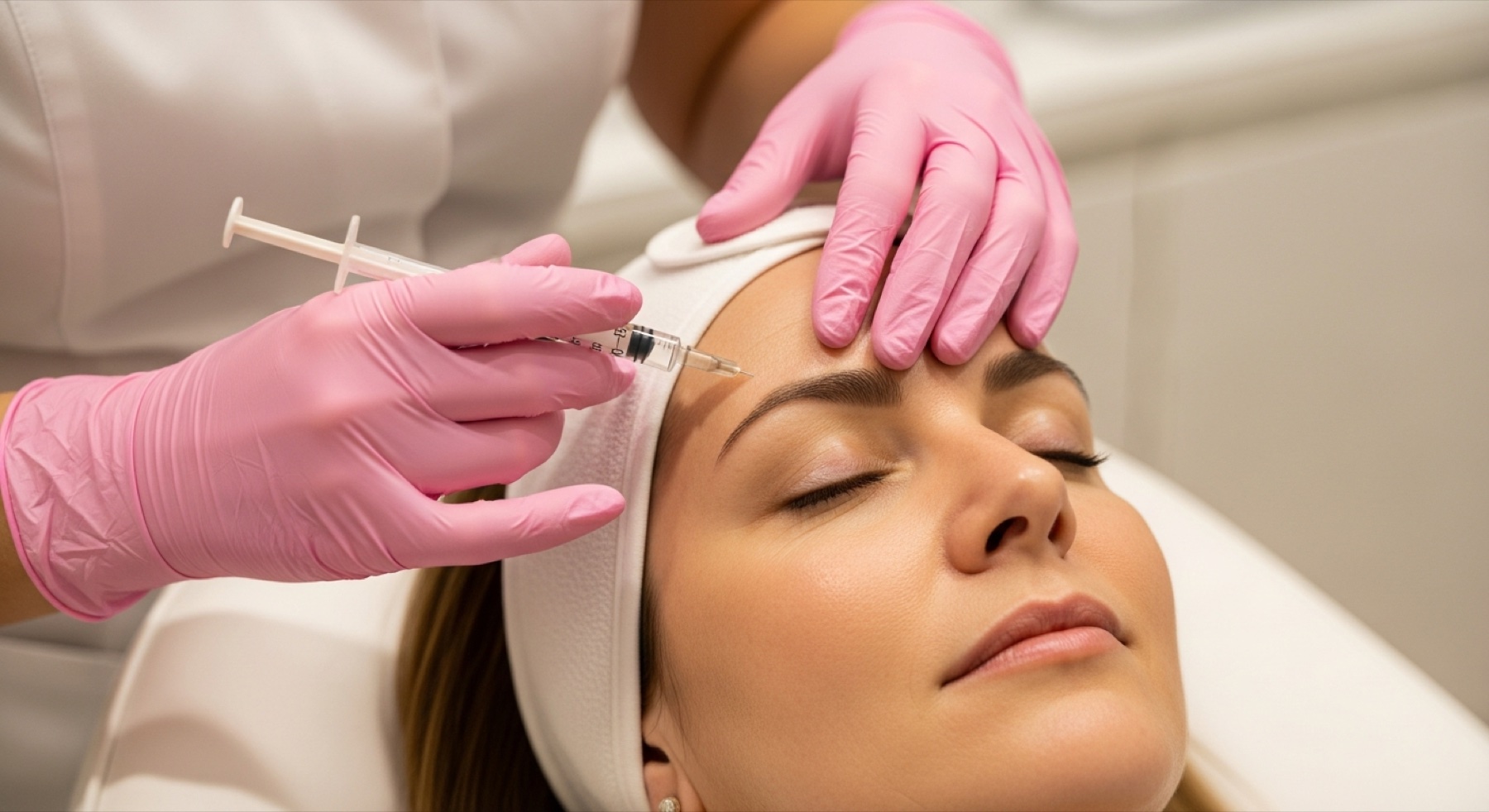 Practitioner injecting botulinum toxin into the glabella between the eyebrows of a patient at Kensington Cosmetic Clinic