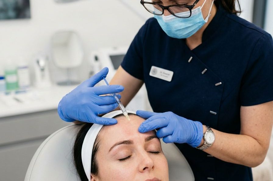 Practitioner injecting botulinum toxin into the glabella between the eyebrows of a patient at Kensington Cosmetic Clinic