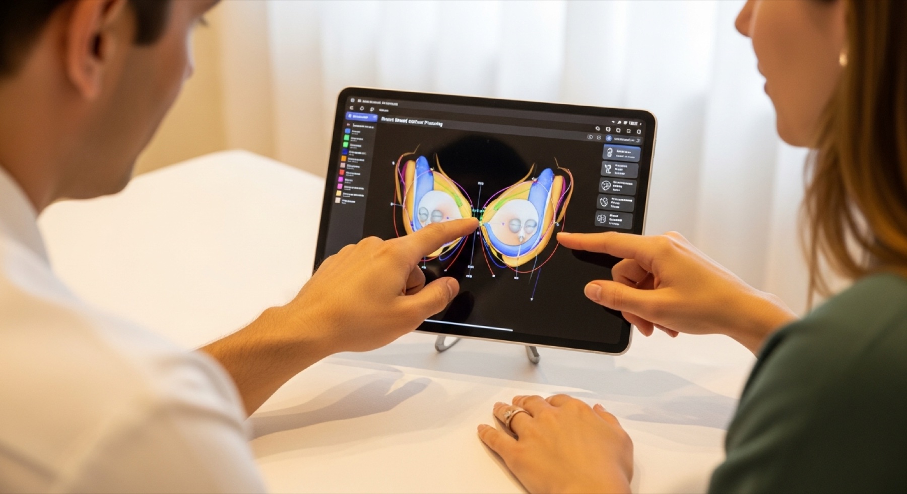 Surgeon and patient reviewing a 3D anatomical breast contour planning diagram on a tablet during consultation at Kensington Cosmetic Clinic