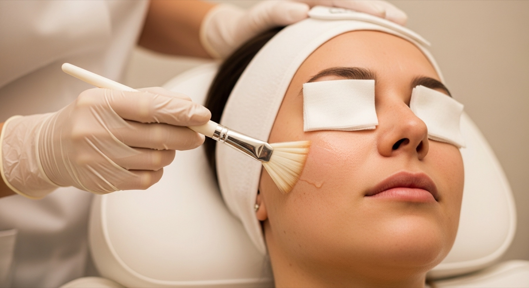 Practitioner applying a chemical peel solution to a patient's face at Kensington Cosmetic Clinic