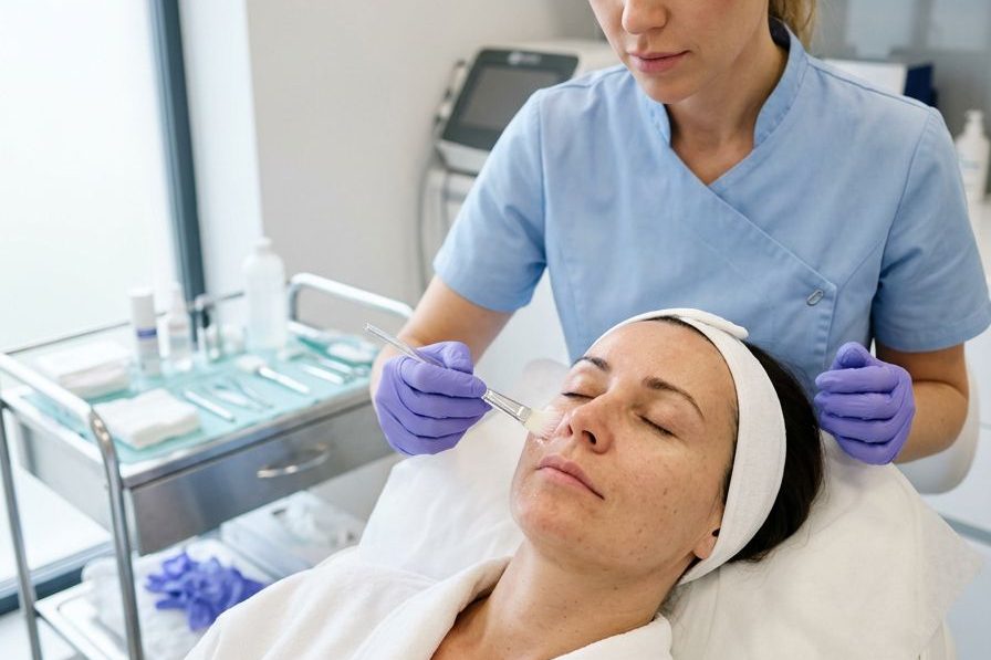 Practitioner applying a chemical peel solution to a patient's face at Kensington Cosmetic Clinic