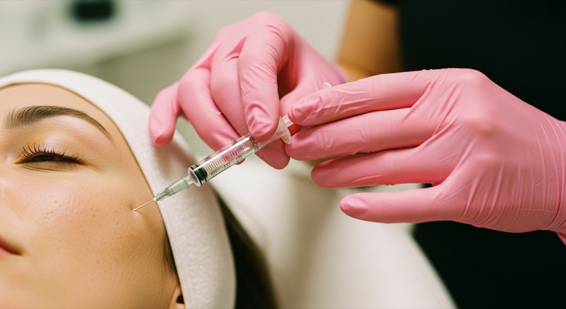 Practitioner injecting dermal filler with a fine needle into the cheek of a patient at Kensington Cosmetic Clinic