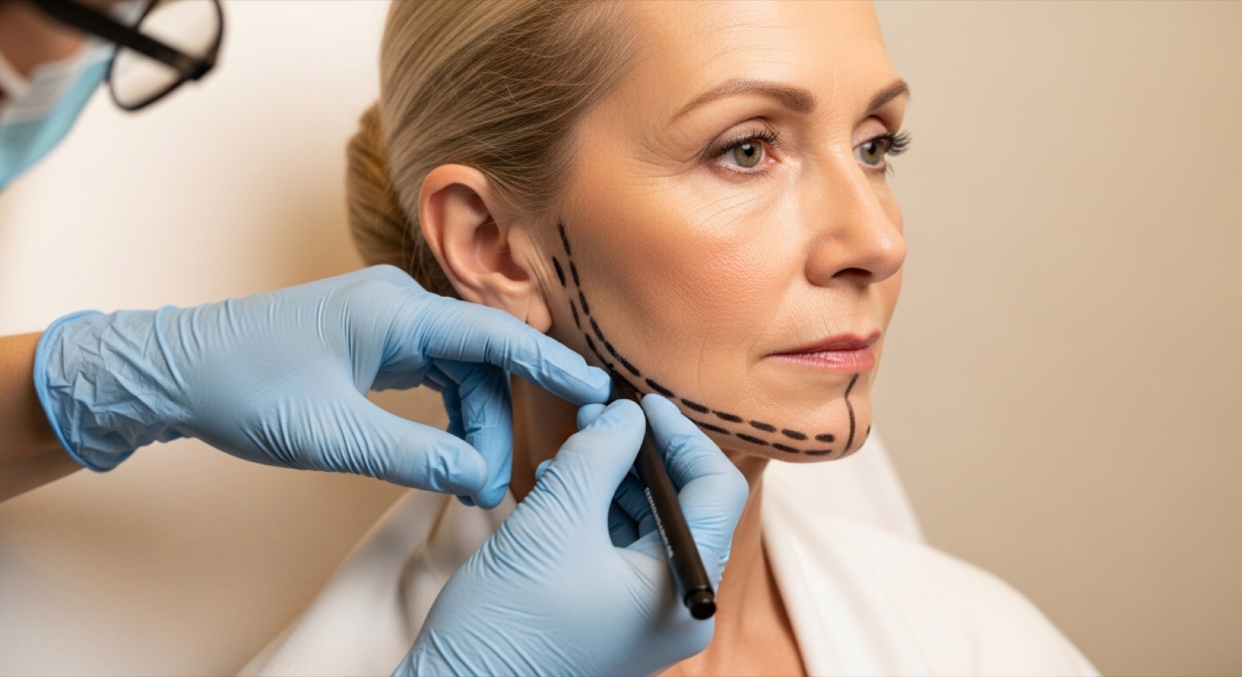 Surgeon drawing pre-operative planning lines along the jawline of a patient ahead of a facelift at Kensington Cosmetic Clinic