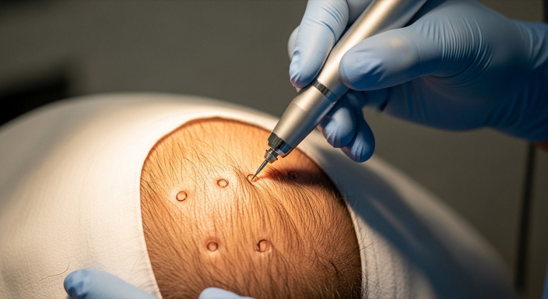 Surgeon performing FUE follicle extraction with a precision punch tool at Kensington Cosmetic Clinic