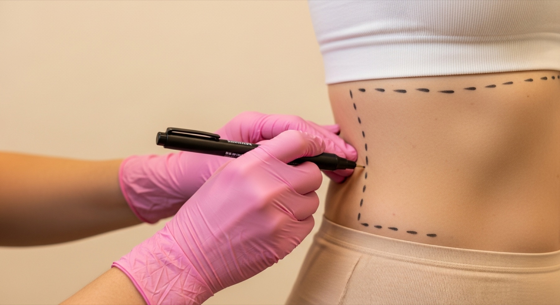 Surgeon drawing pre-operative liposuction planning lines on a patient's flank at Kensington Cosmetic Clinic