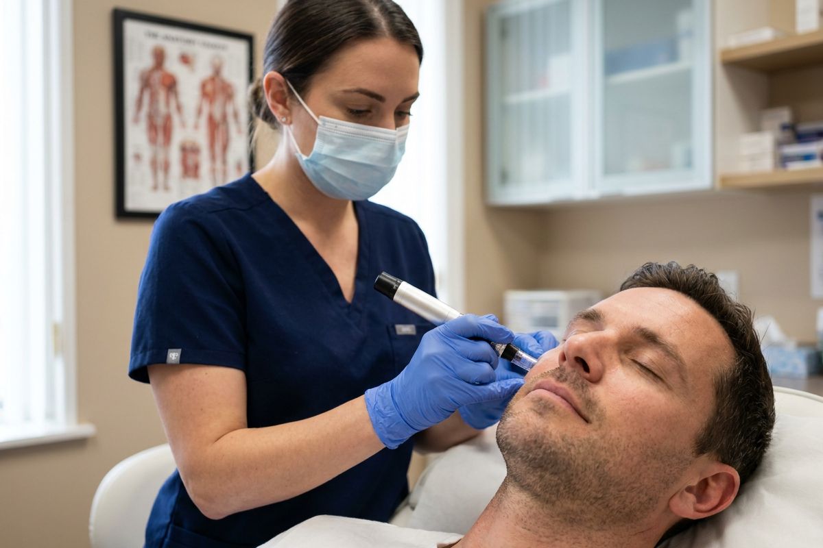 Practitioner performing microneedling with a professional pen on a patient at Kensington Cosmetic Clinic