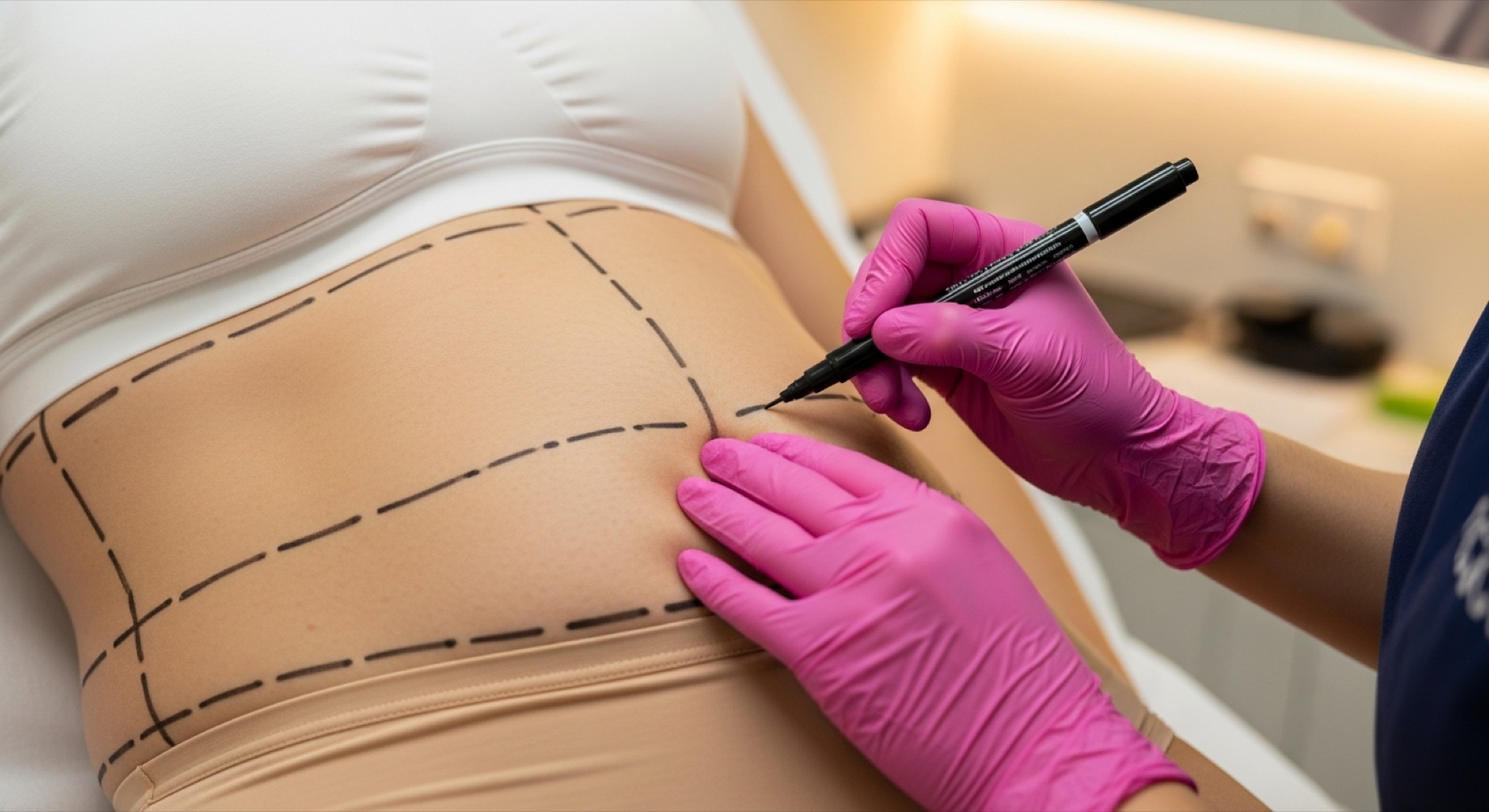 Surgeon drawing pre-operative planning lines for a combined tummy tuck and breast surgery at Kensington Cosmetic Clinic