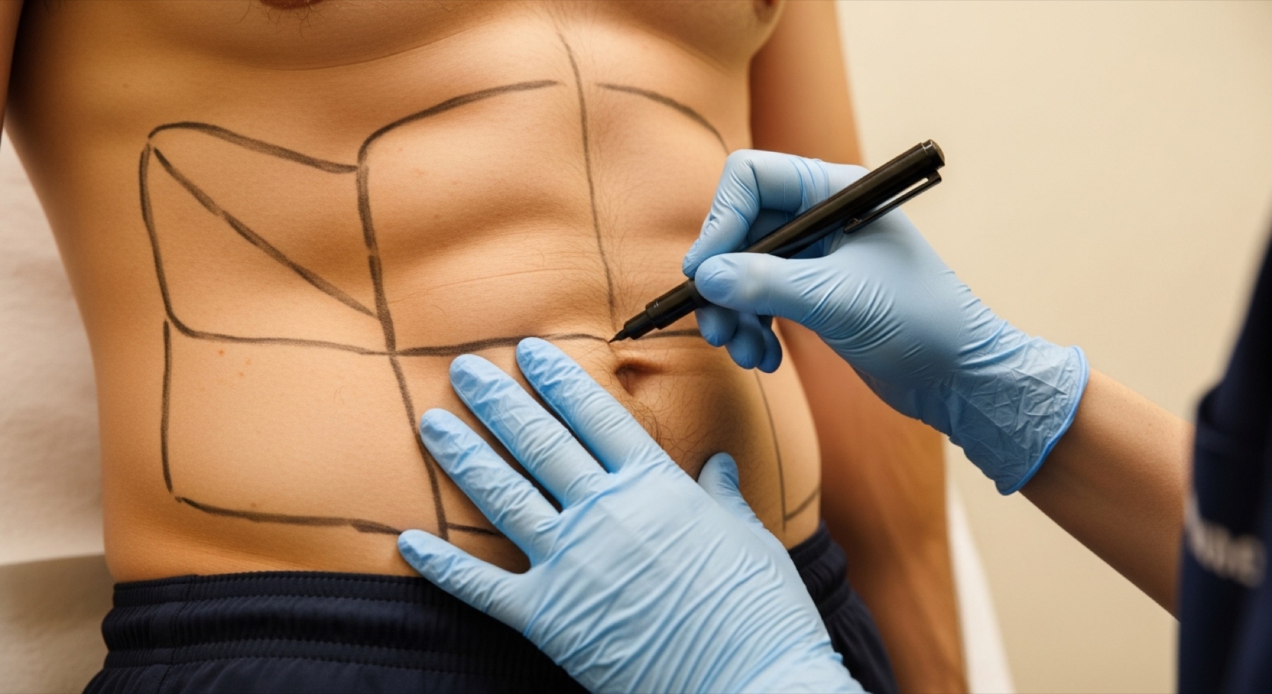 Surgeon drawing high-definition liposuction planning lines around abdominal muscles at Kensington Cosmetic Clinic