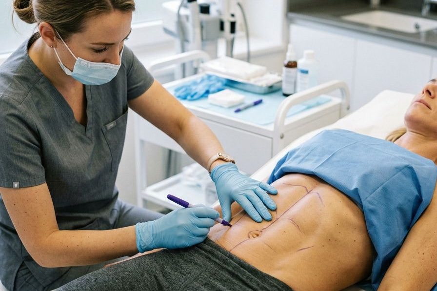 Surgeon drawing high-definition liposuction planning lines around abdominal muscles at Kensington Cosmetic Clinic