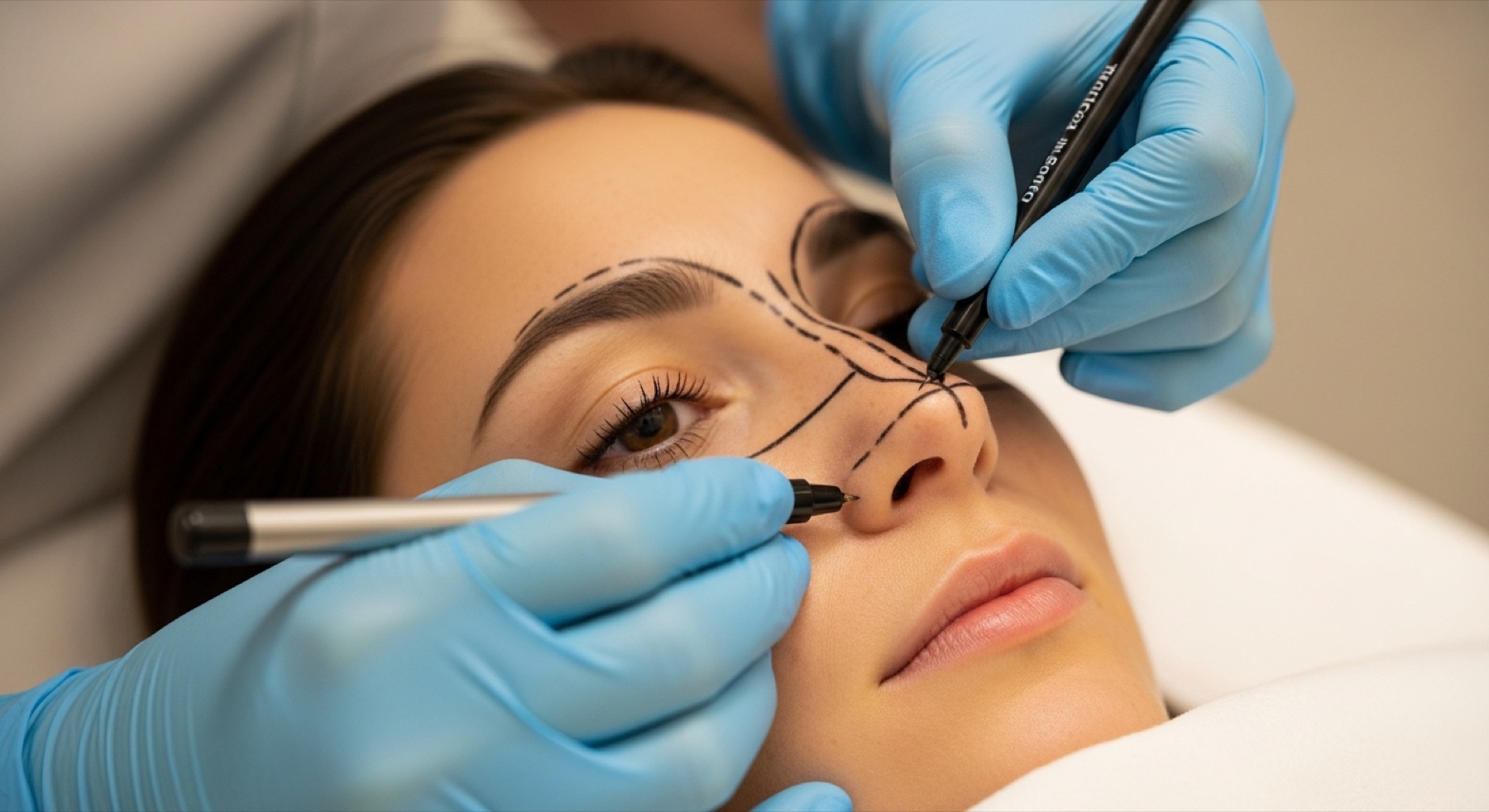 Surgeon drawing pre-operative planning lines on the bridge and tip of a patient's nose ahead of rhinoplasty at Kensington Cosmetic Clinic