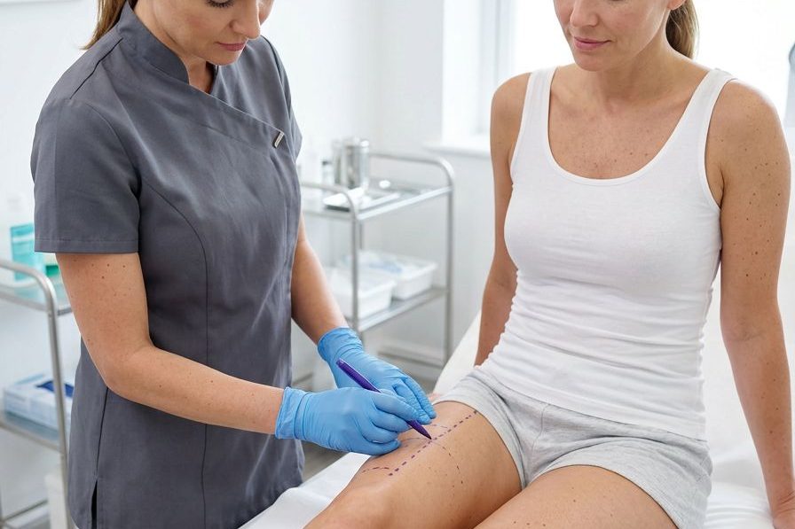 Surgeon drawing pre-operative thigh lift planning lines on a patient's inner thigh at Kensington Cosmetic Clinic