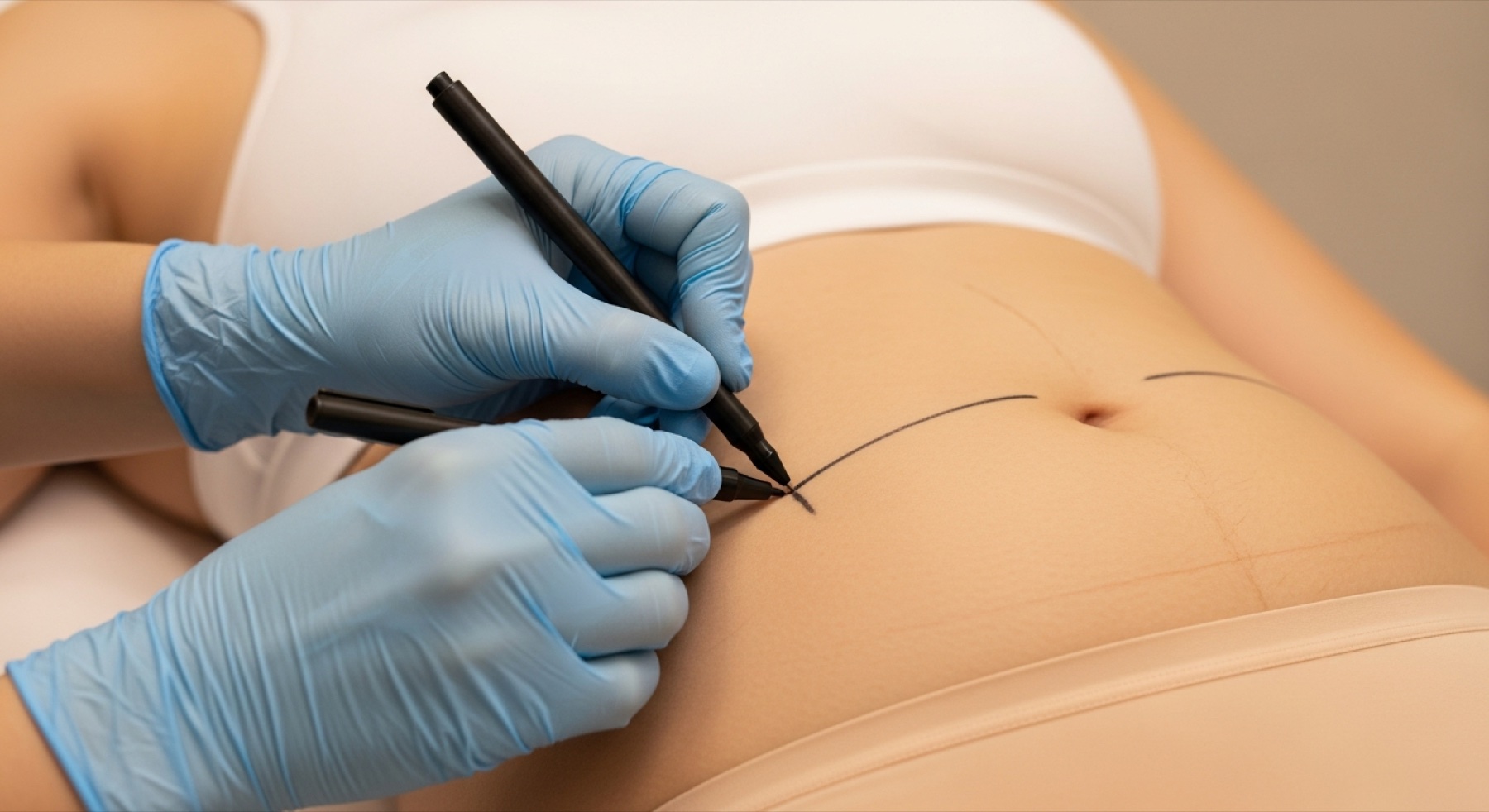Surgeon drawing the pre-operative tummy tuck incision line low across a patient's lower abdomen at Kensington Cosmetic Clinic