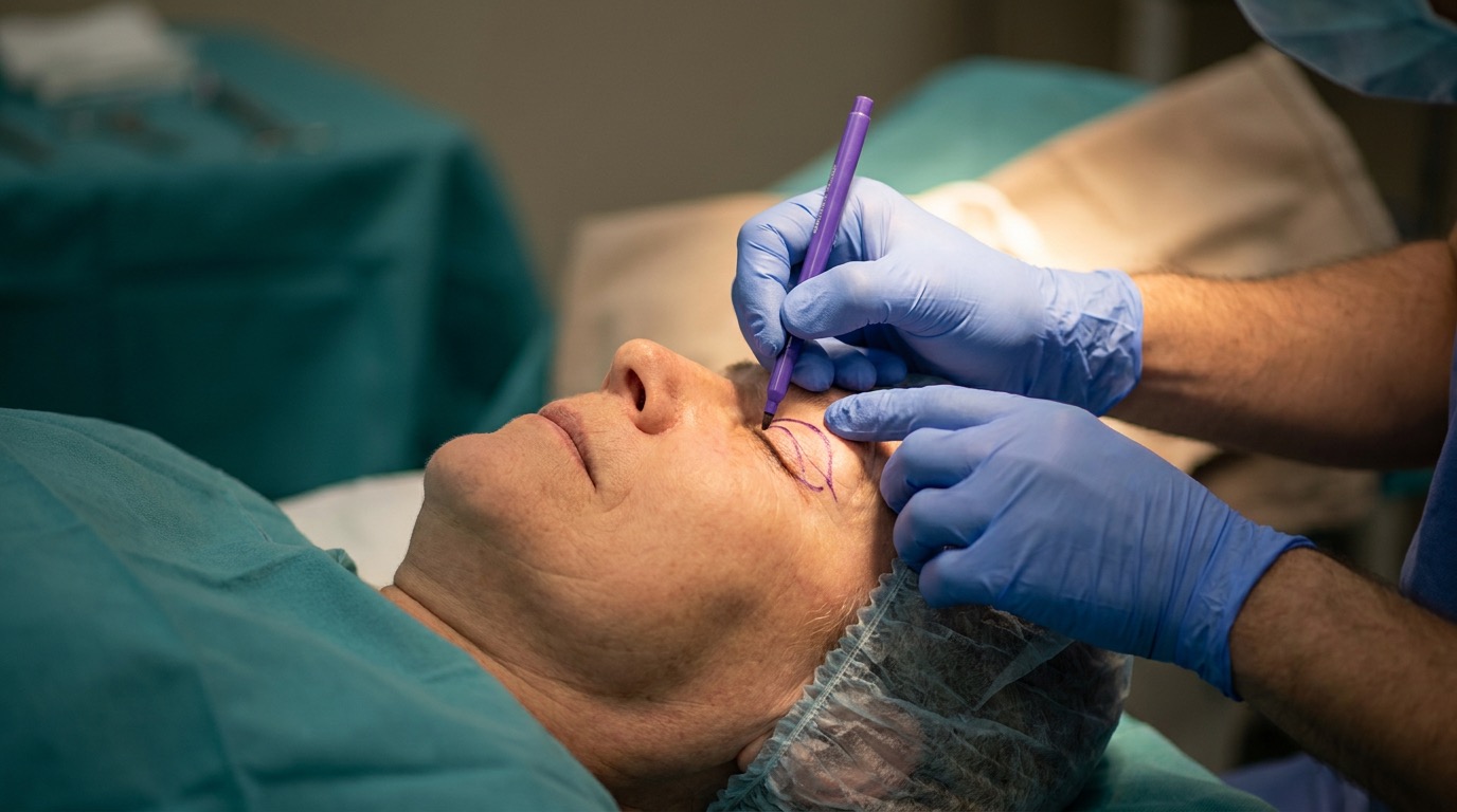 Surgeon marking the upper-eyelid crease and excess skin on a patient before upper blepharoplasty at Kensington Cosmetic Clinic